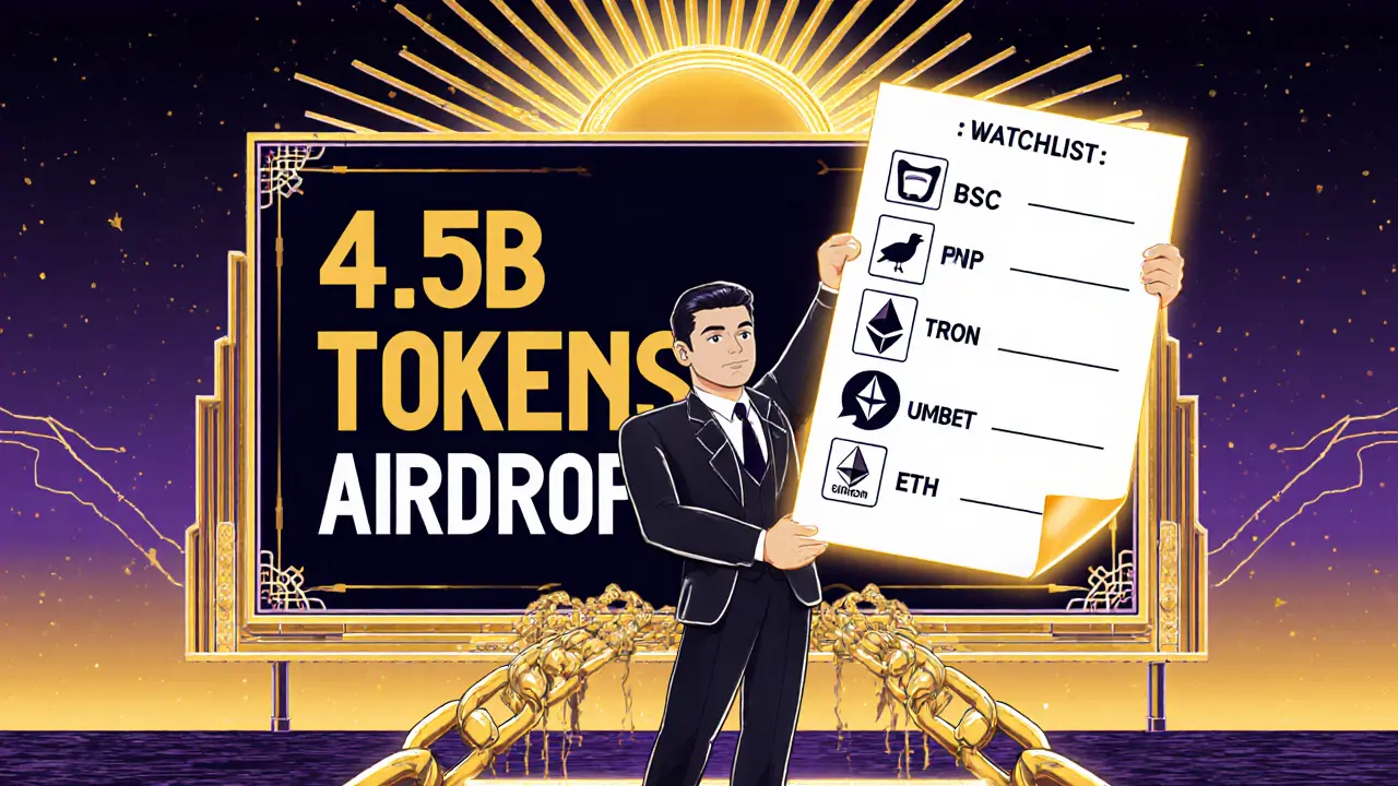 A figure holding a five-step checklist on a blockchain bridge connecting three major networks under a neon billboard.