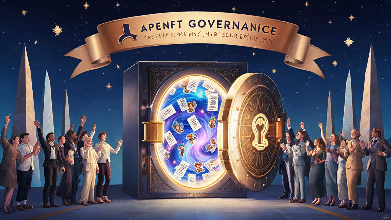 A vault opened to reveal NFTs and voting ballots, with a crowd celebrating under a banner, BTFS obelisks in the distance.