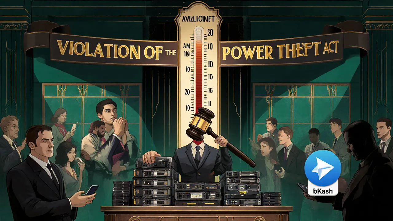 Courtroom scene with wallet-shaped gavel, seized mining gear, and underground crypto symbolism.