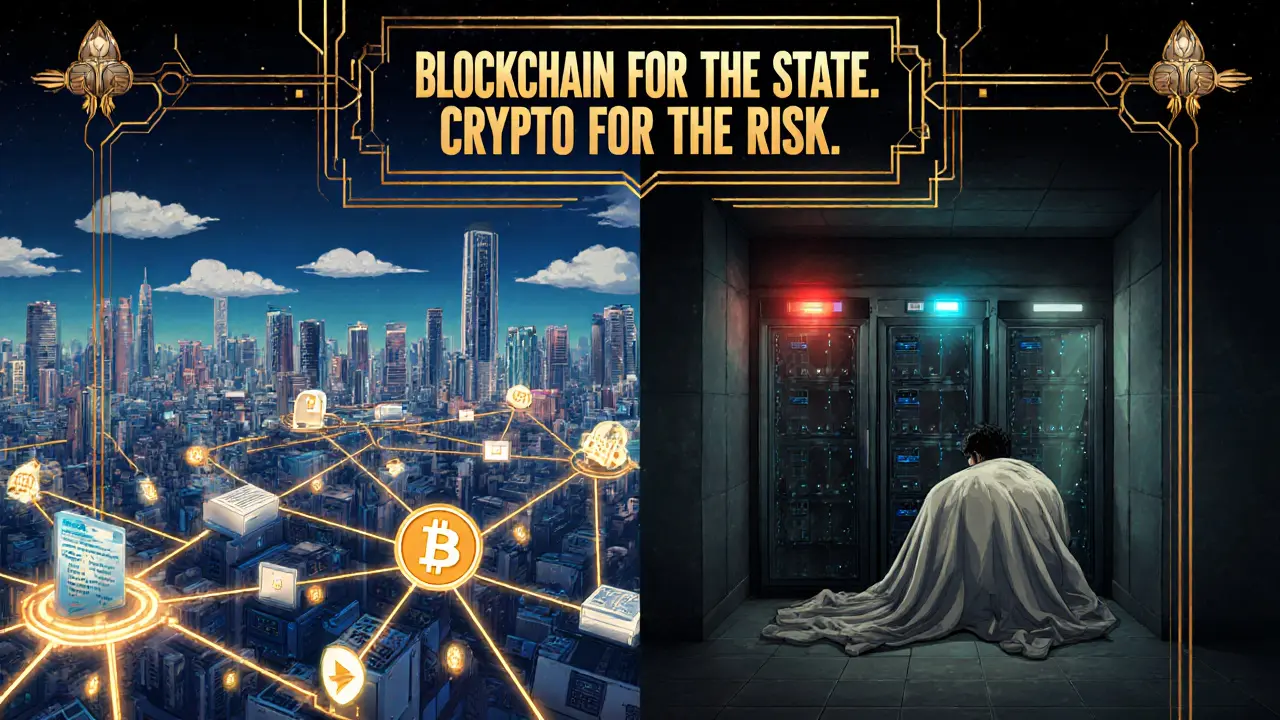 Split illustration: government blockchain on left, hidden crypto mining on right.