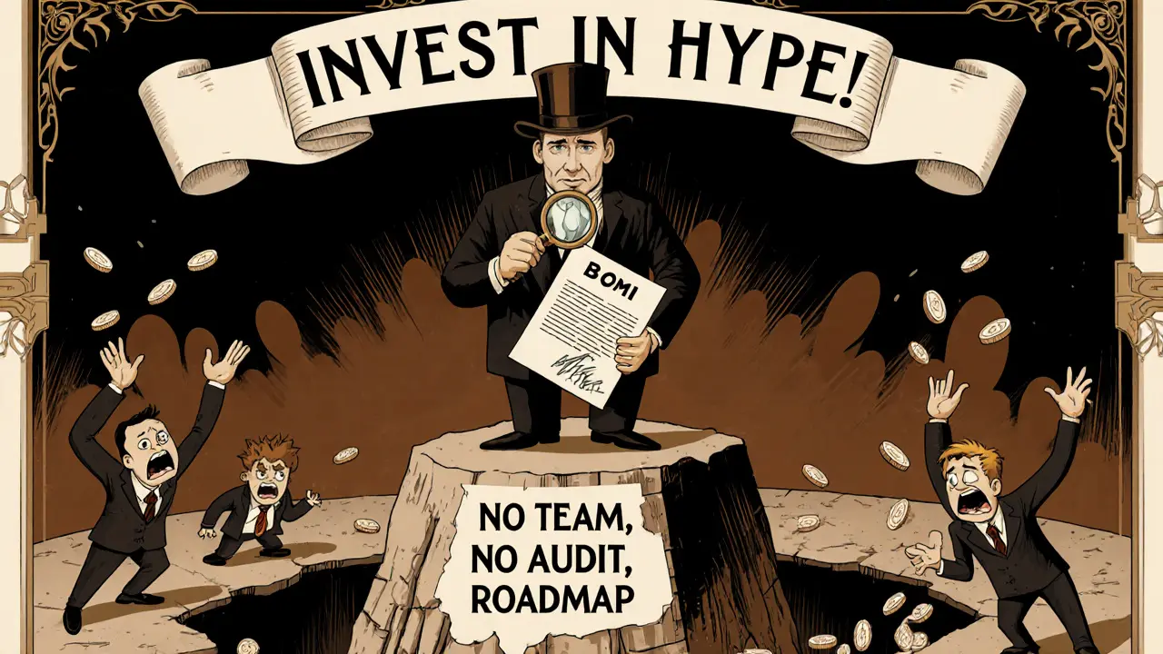 A financier examines a fragile BOMI contract as investors lose money into a pit, under a &#039;Invest in Hype!&#039; banner.