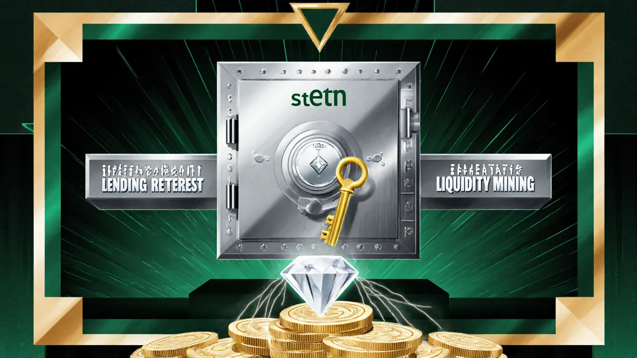 A golden stETH key unlocks an ETH vault, releasing three streams of financial yield.