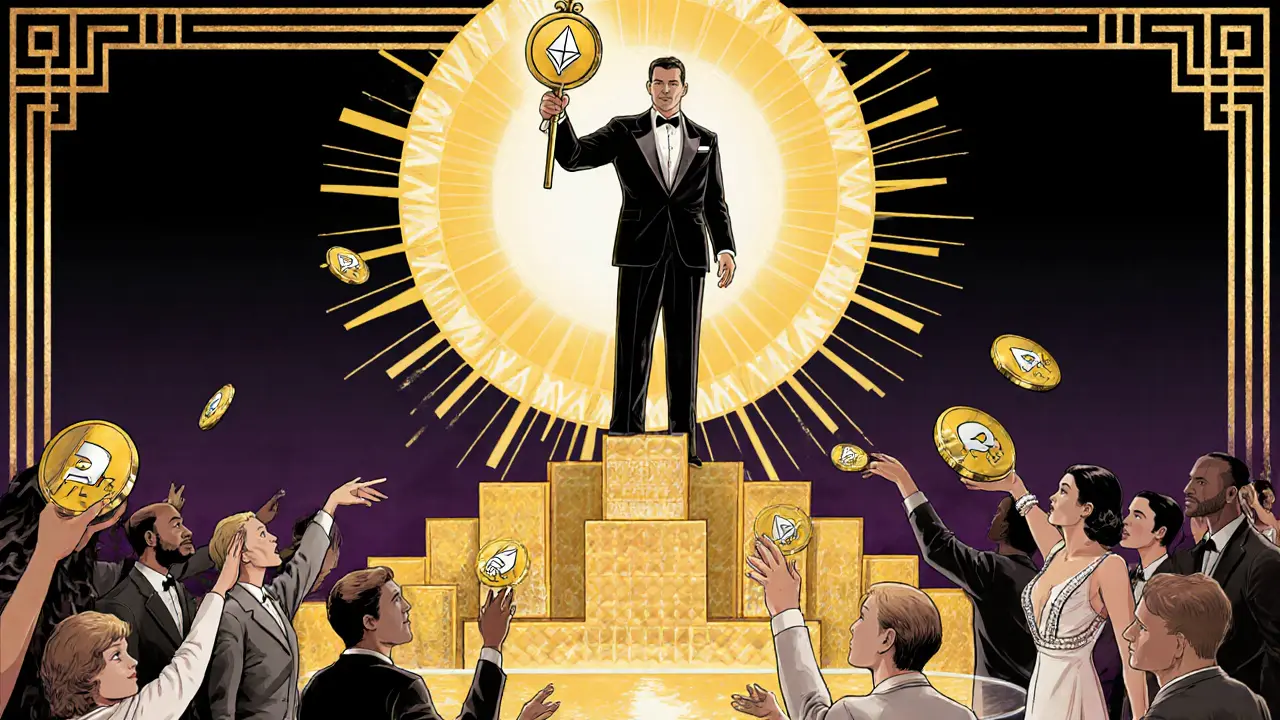 An investor stands atop ETH blocks, holding stETH as a scepter while others deposit ETH.