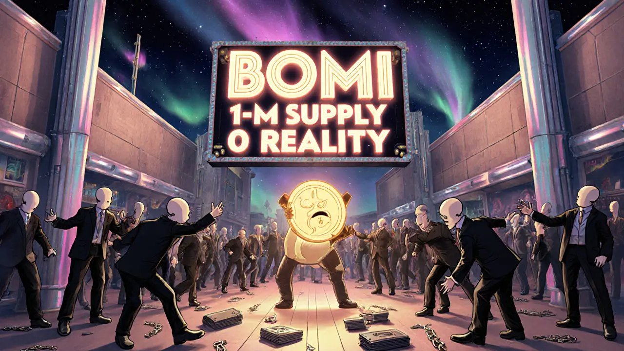 Faceless traders exchange a confused miggles token in a marketplace with a flickering &#039;0 REALITY&#039; neon sign.