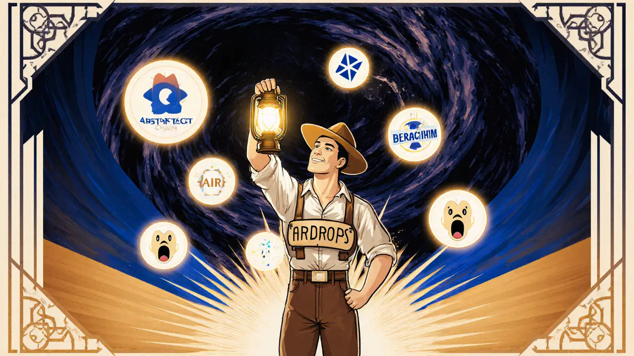 Hero with lantern illuminating real airdrop projects, fake tokens vanishing in darkness.