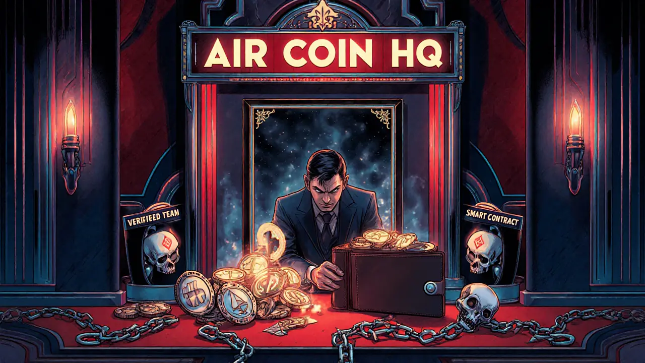 Luxurious mansion with fake AIR COIN HQ, mirror reflecting a skull.