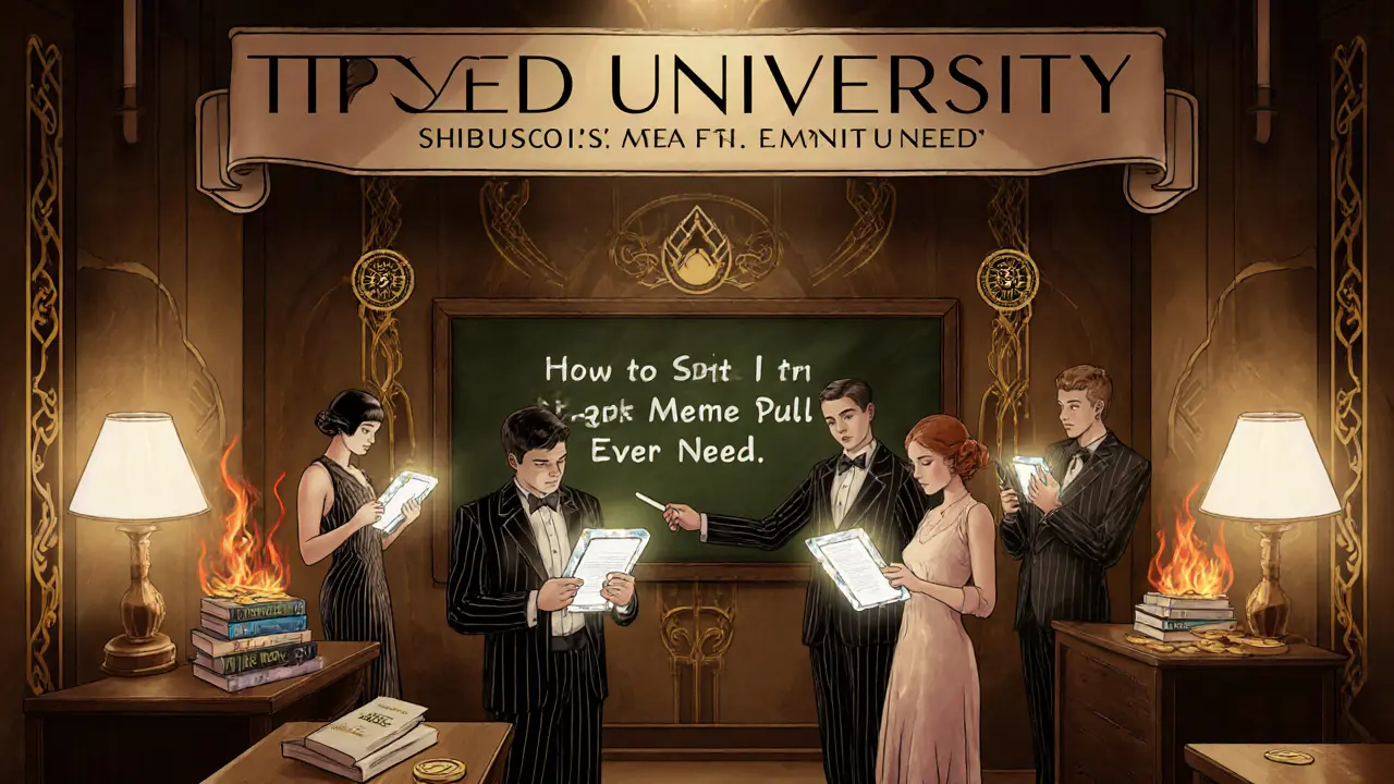 A classroom of students learns to spot crypto scams using glowing smart contracts under a &#039;Tired University&#039; banner.