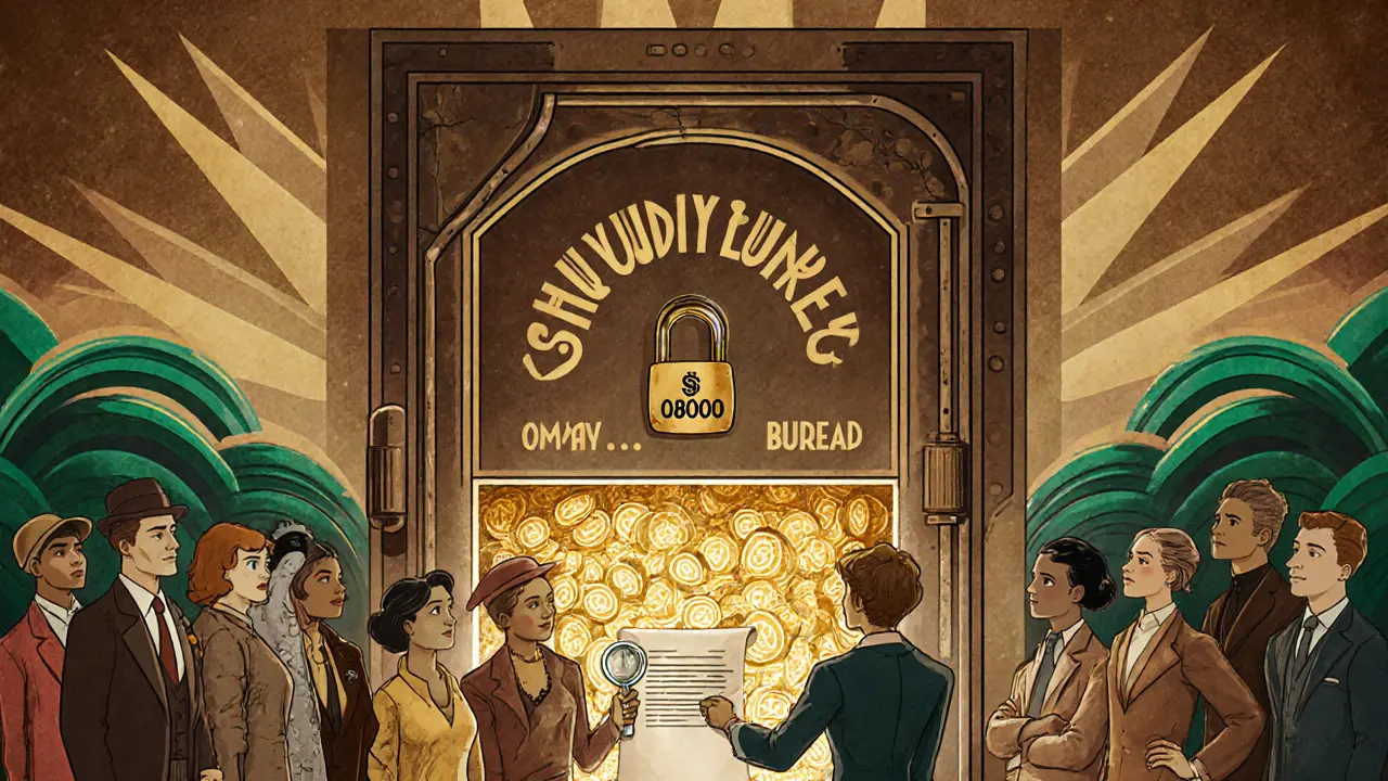 A sealed vault labeled &#039;Liquidity Burned&#039; releases burning tokens into golden dust, watched by a silent crowd.