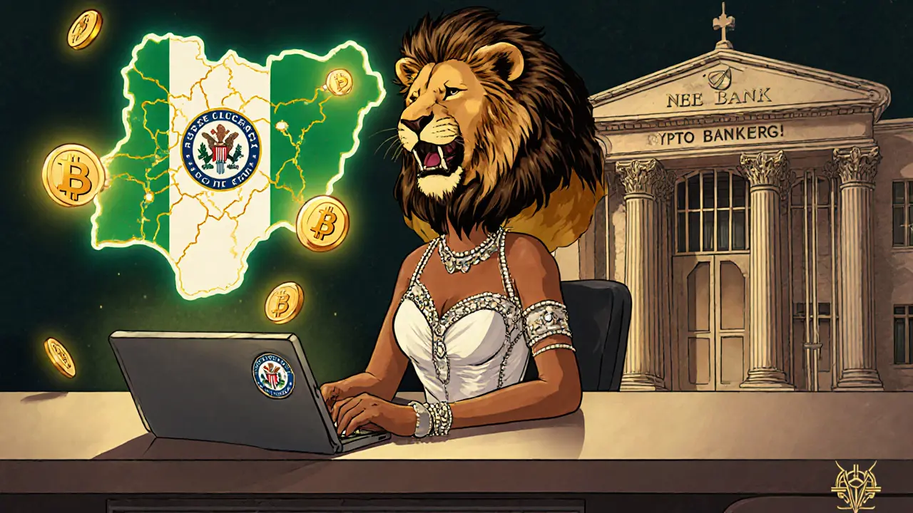 A woman in flapper dress uses a tablet as a SEC-badged lion roars over a map of Nigeria with glowing crypto trading routes in Art Deco style.