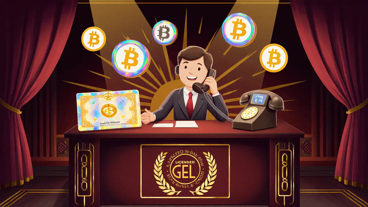 Art Deco support desk with holographic crypto coins and GEL banknote, featuring licensed seals and elegant Georgian-inspired decor.