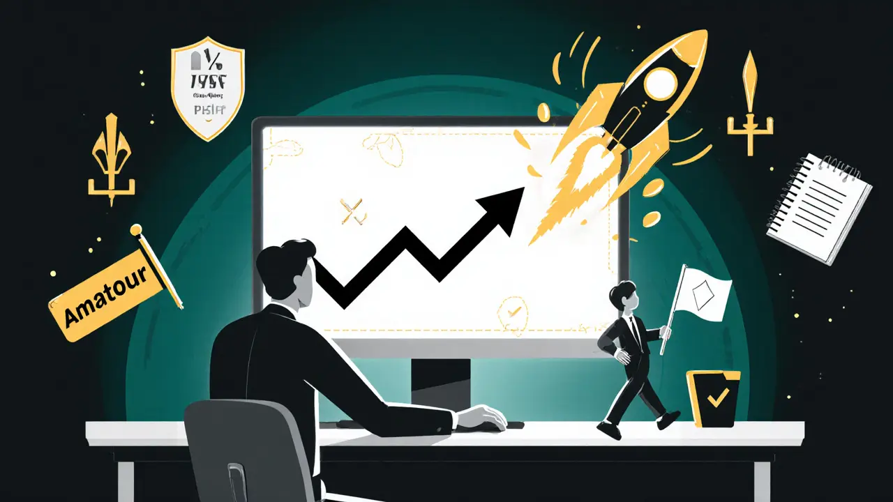 Breakout pattern with amateur chasing rocket while professional exits with profit flag.