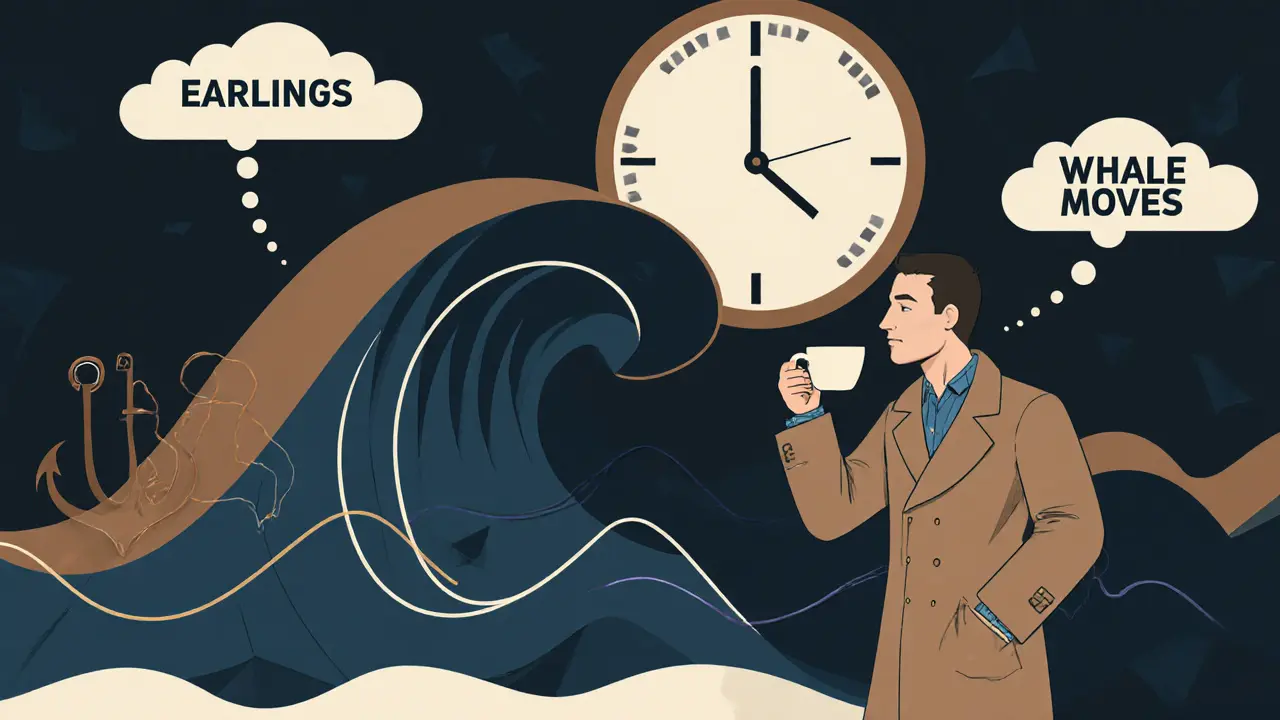 Calm swing trader watching a digital wave with stop-loss anchor and clock.