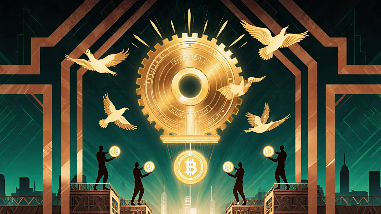 Futuristic Polkadot gear with xDOT birds delivering EQ tokens to 1,000 winners on a city skyline.