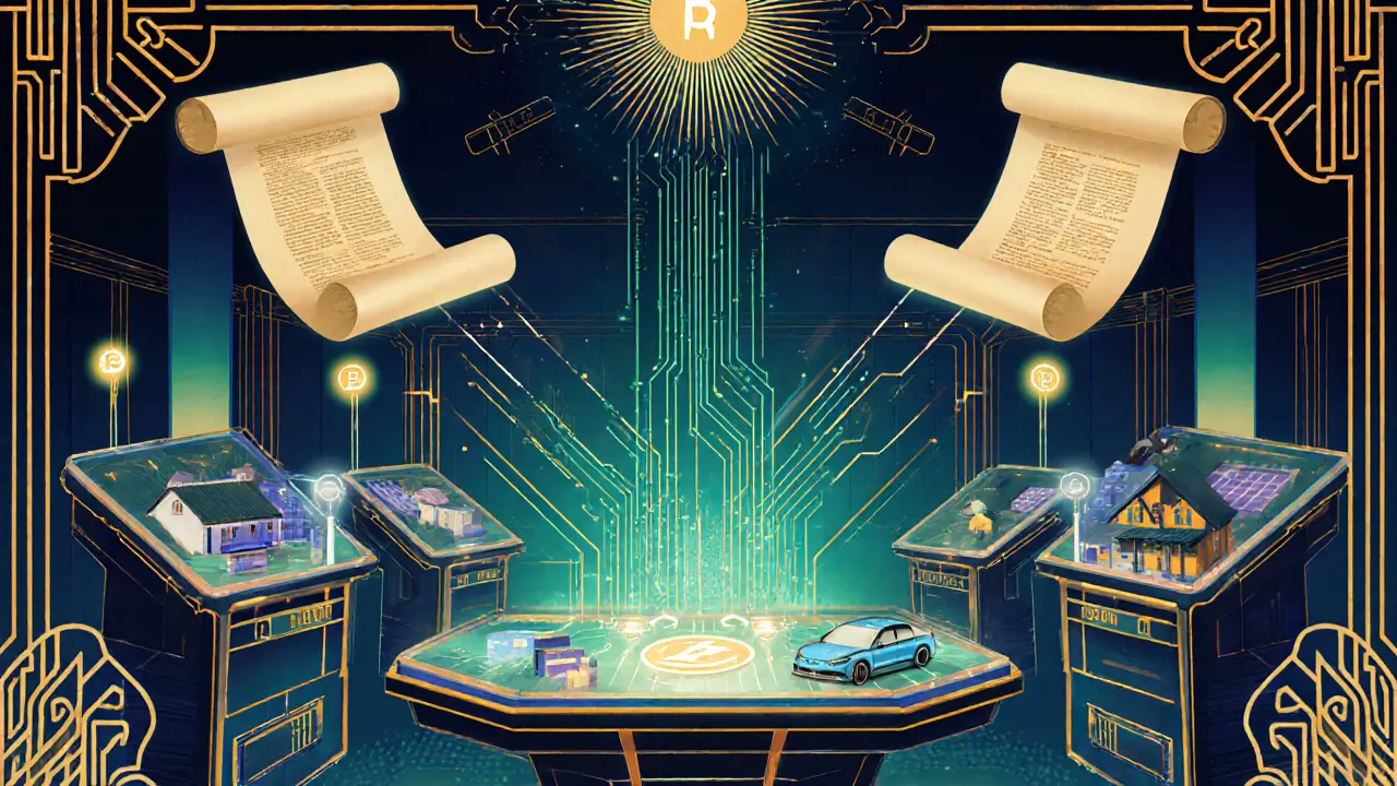 Geometric control room with floating smart contracts and pulsing energy flows in Art Deco style.