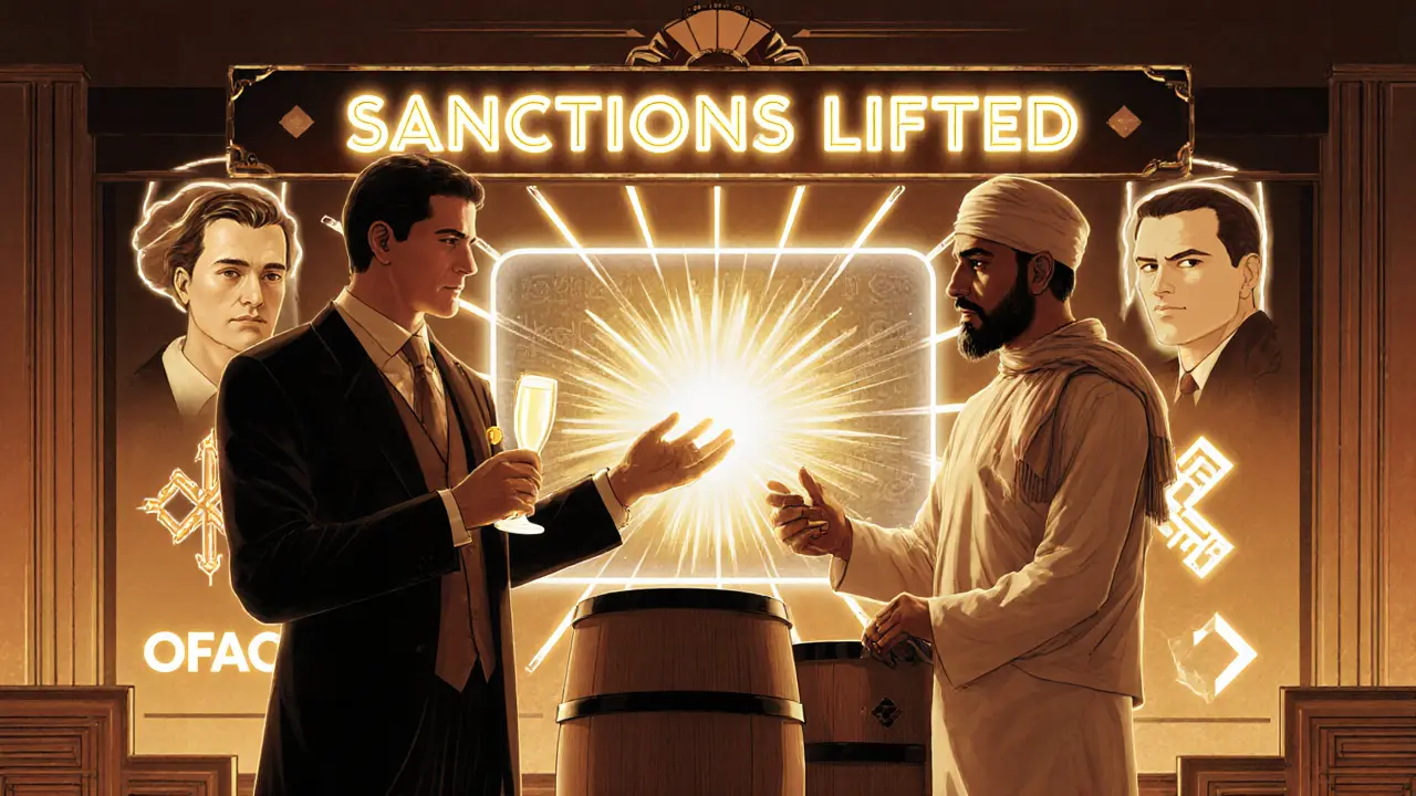 Glamorous banker holding a crypto wallet beside Syrian trade, OFAC screen scanning faces.