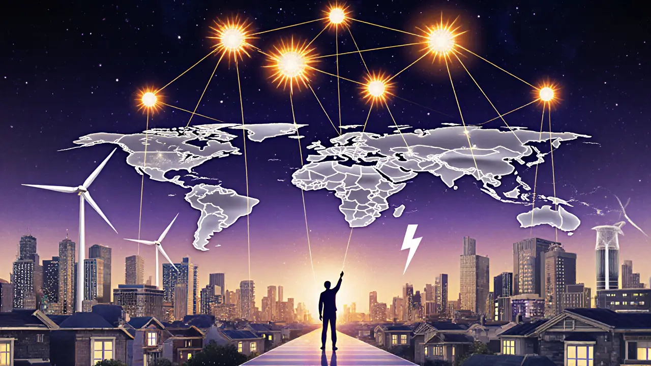 Global energy network flowing across cities as luminous rivers under a starry sky of power nodes.
