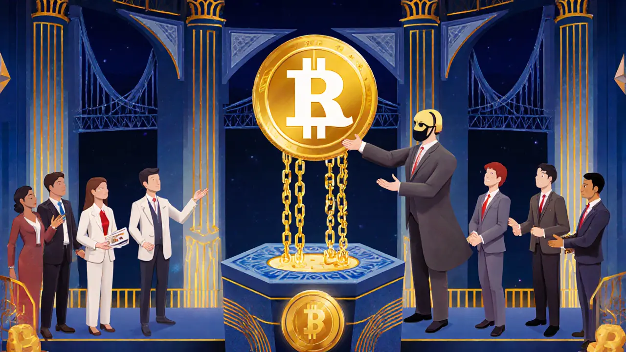 Republic representative handing an EQ token to diverse winners as liquidity chains flow into a DeFi core.