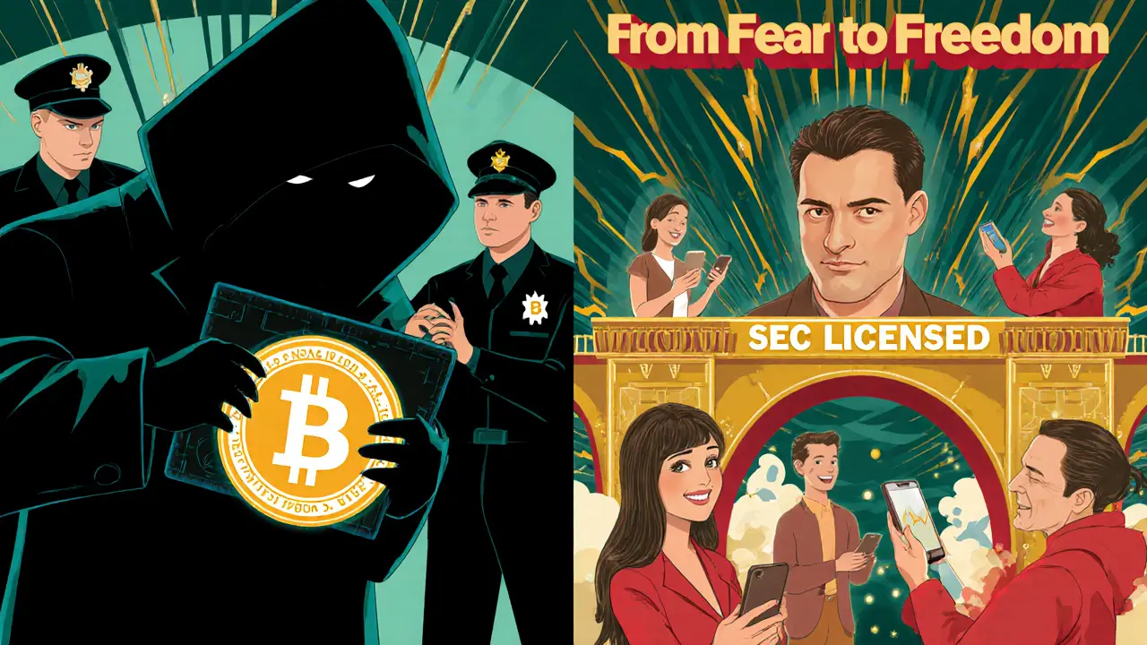 Split scene: shadowy crypto fear on left, licensed freedom on right, connected by golden bridge labeled &#039;From Fear to Freedom&#039; in Art Deco poster style.