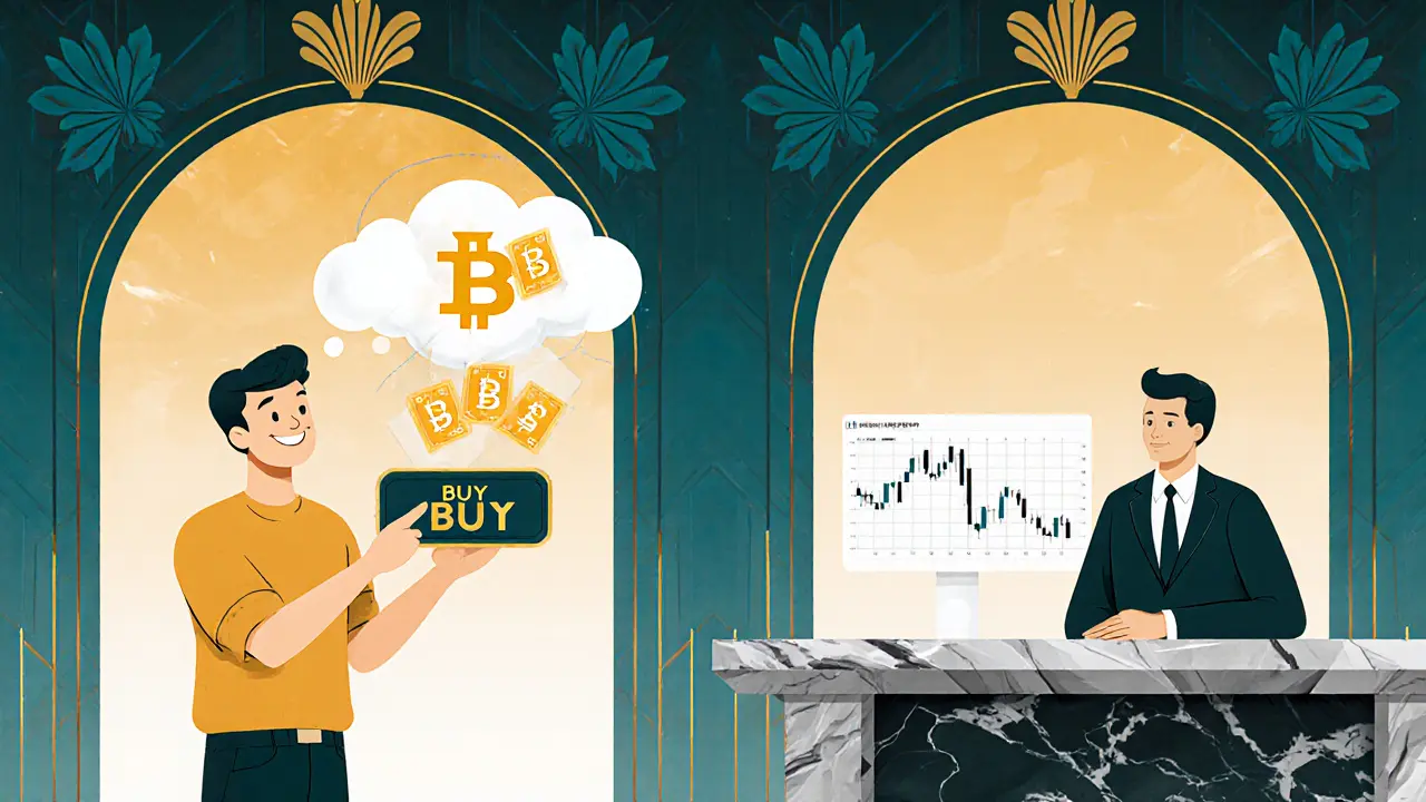 Split scene showing beginner and professional trading on an Art Deco crypto terminal with geometric design and golden lighting.