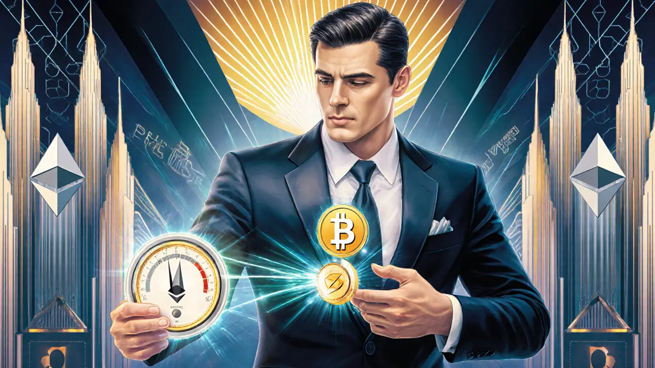 A businessman sending an NFT with zero gas fees, as USDC transforms into energy beams between blockchain towers.