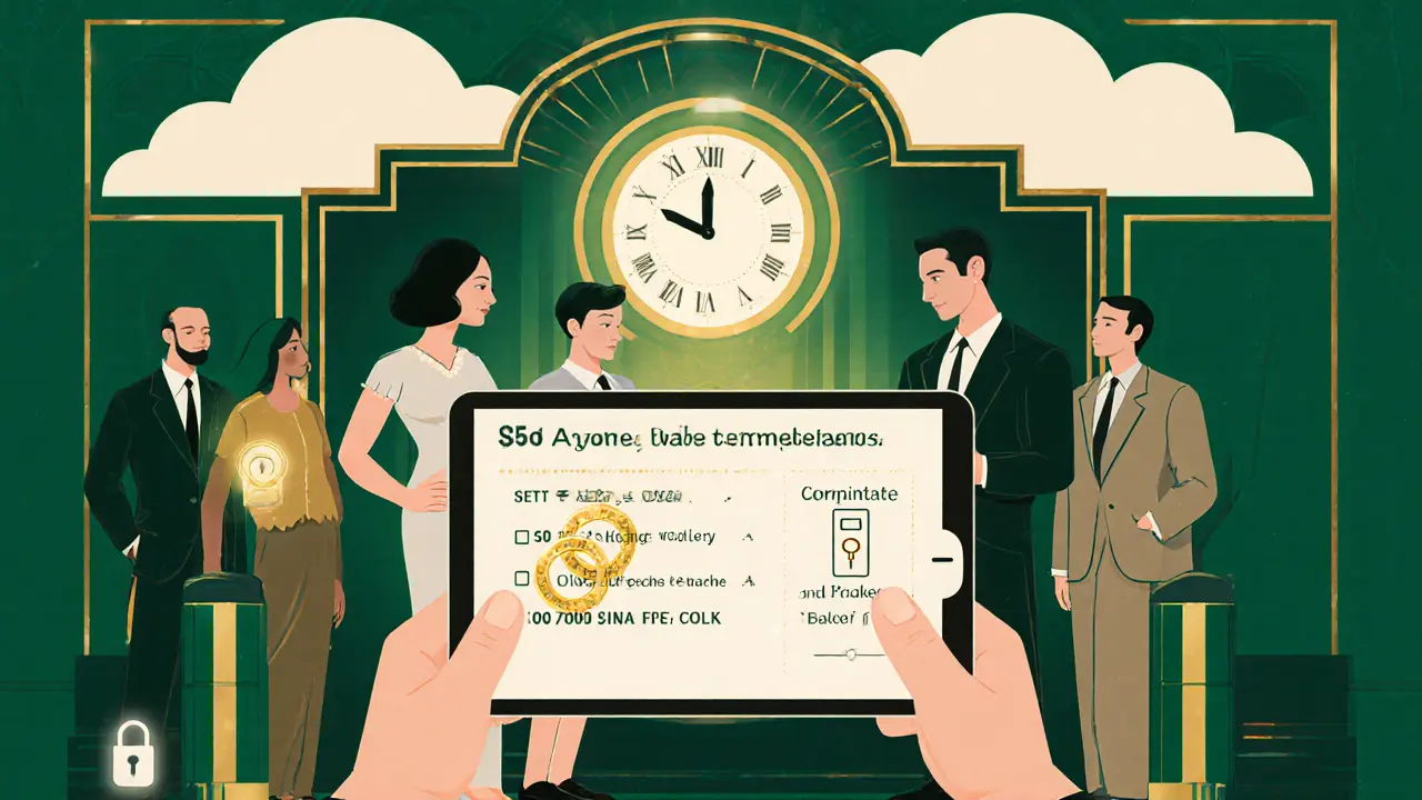 A family configuring wallet limits and recovery guardians with glowing approval rings and time lock visuals.