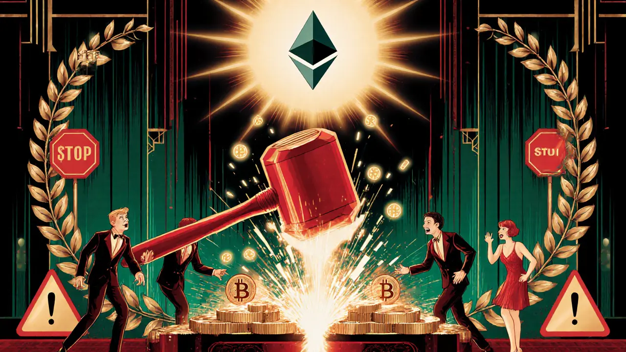 A slashing hammer destroying conflicting blockchain forks with golden ETH coins exploding.