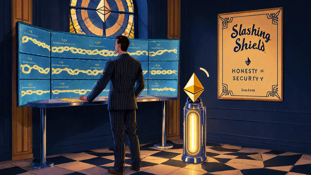 A validator in an Art Deco office protected by a glowing slashing shield.