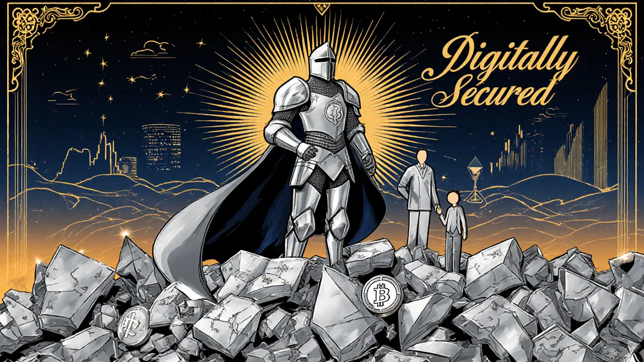 Digital knight rescuing a family from hacker wallets, surrounded by rising crypto prices and AI tools.
