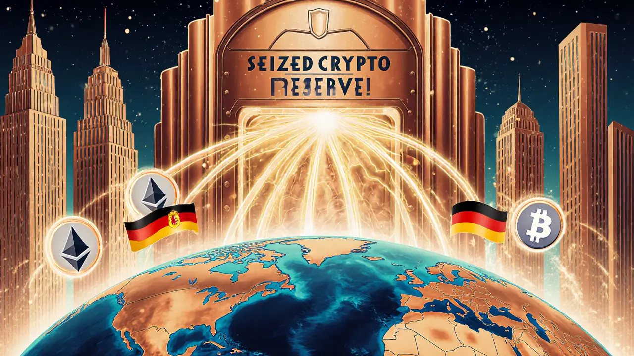 Global map with crypto flows into a U.S. vault, featuring stylized nations and blockchain skyscrapers.