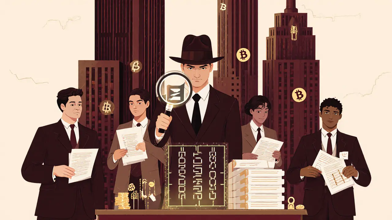 MAS regulator inspecting digital compliance documents with a team of officers in Art Deco business attire.