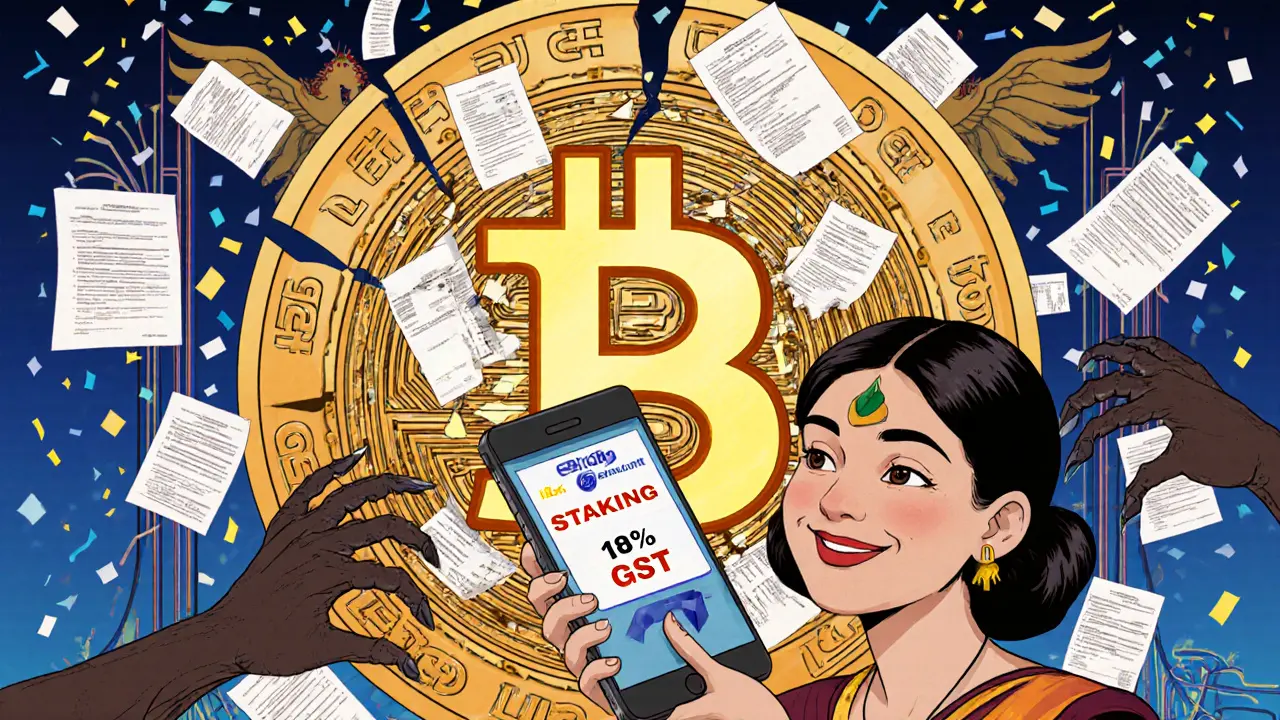 Rupee coin cracks open to reveal Bitcoin and Ethereum, GST claws reach but woman holds firm.