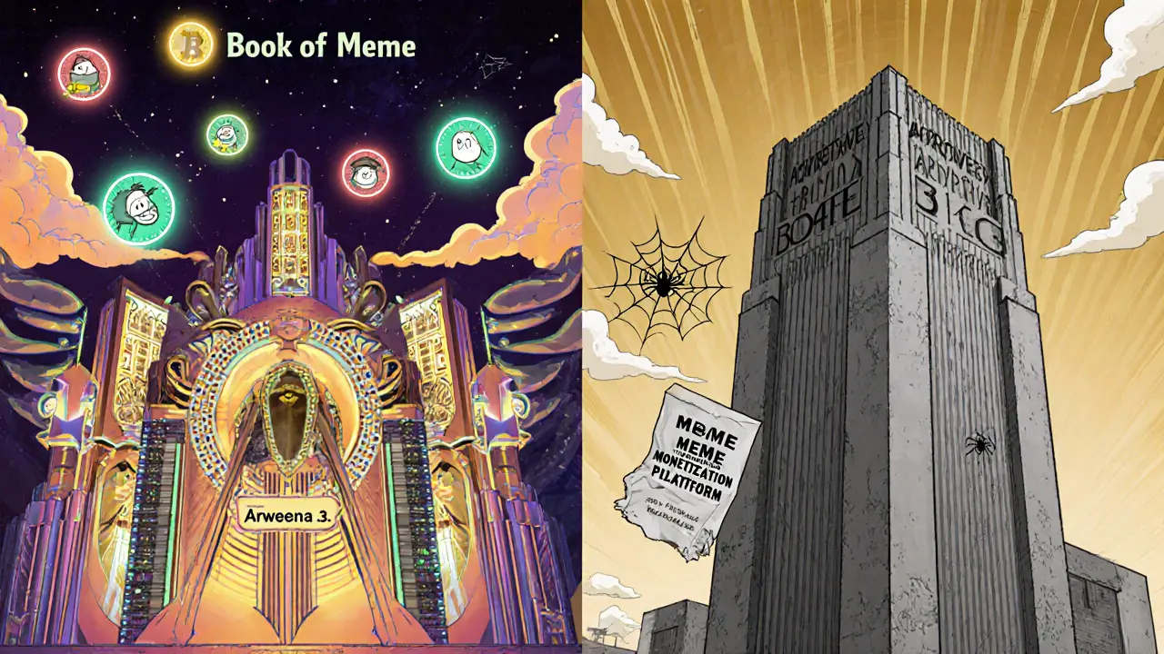 Split image: thriving Solana meme ecosystem vs. abandoned BOME 3.0 tower.
