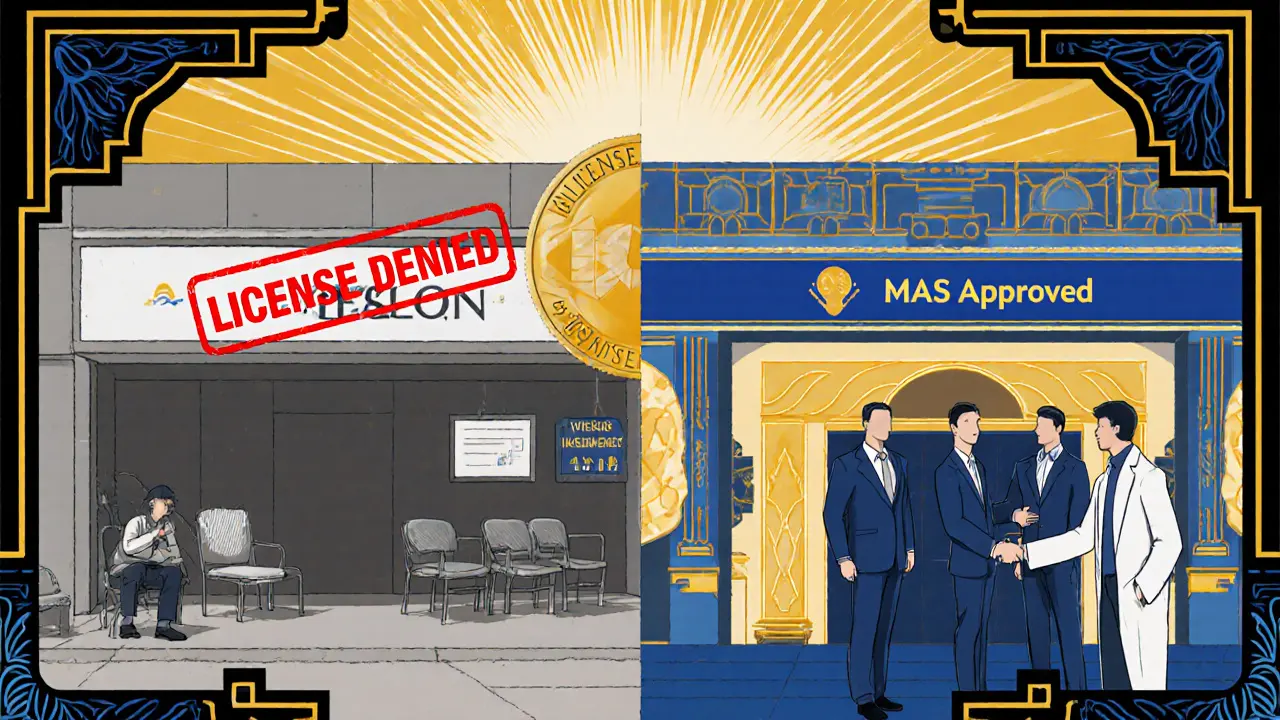 Split scene contrasting an unlicensed crypto startup with a thriving MAS-approved exchange in Art Deco style.