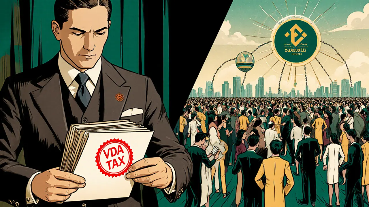 Split scene: tax official stamps forms while traders send crypto offshore in vintage poster style.