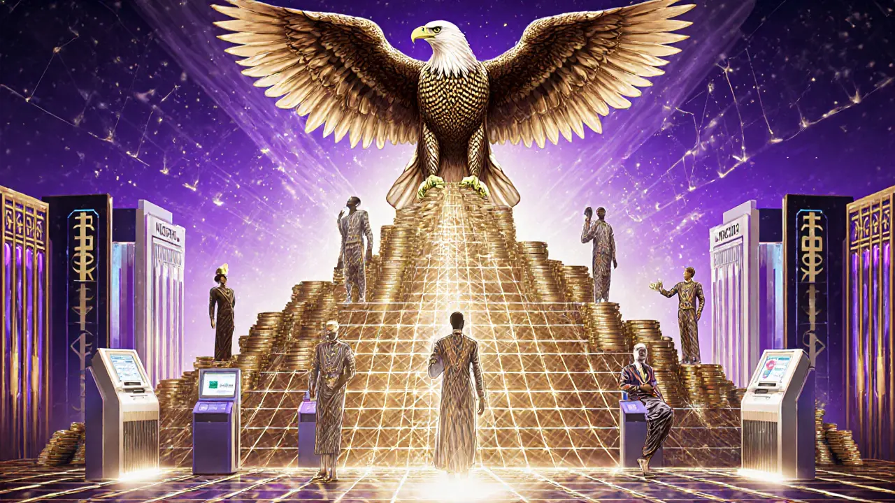 A glowing blockchain network connects traders and banks in a stylized Art Deco financial landscape.