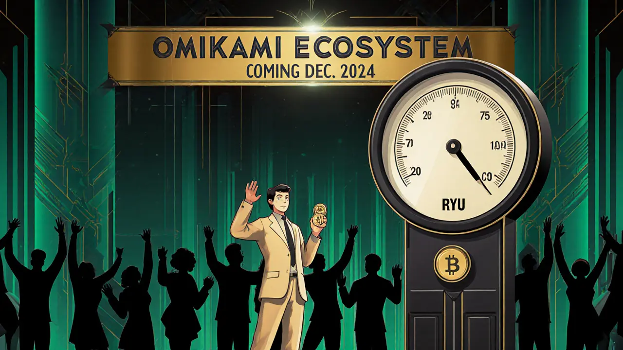 A small investor stands beside a giant gas fee meter, dwarfed by costs, as a crowd cheers toward an Omikami Ecosystem banner in Art Deco poster style.