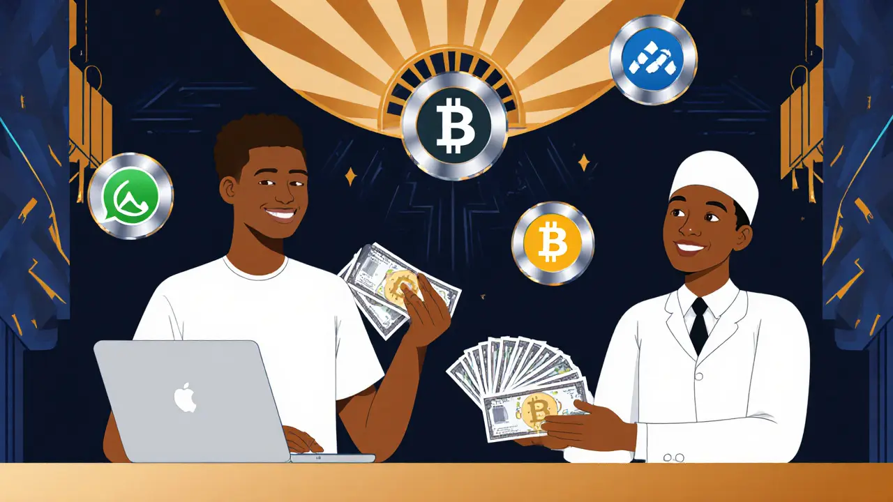 A student receives USDT and converts it to naira at a café with digital payment icons nearby.