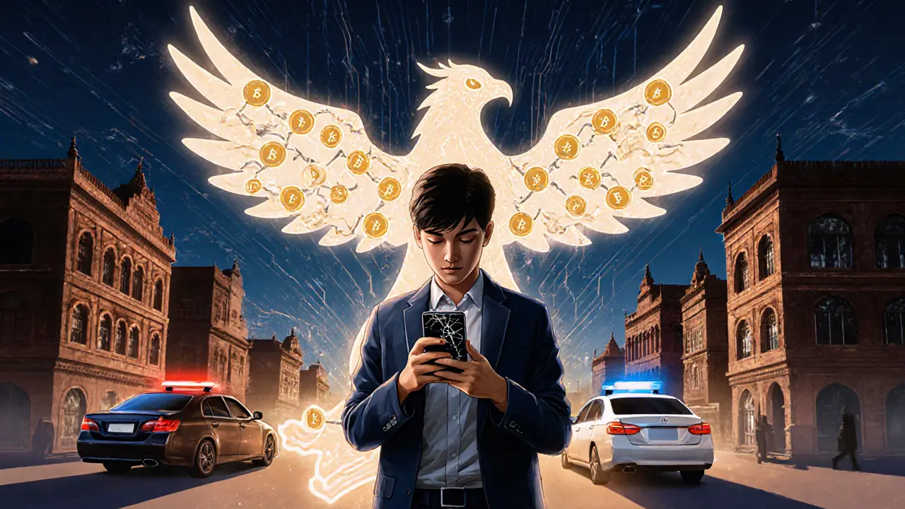A young person deletes a crypto app as police approach, while digital wallets rise like a phoenix.