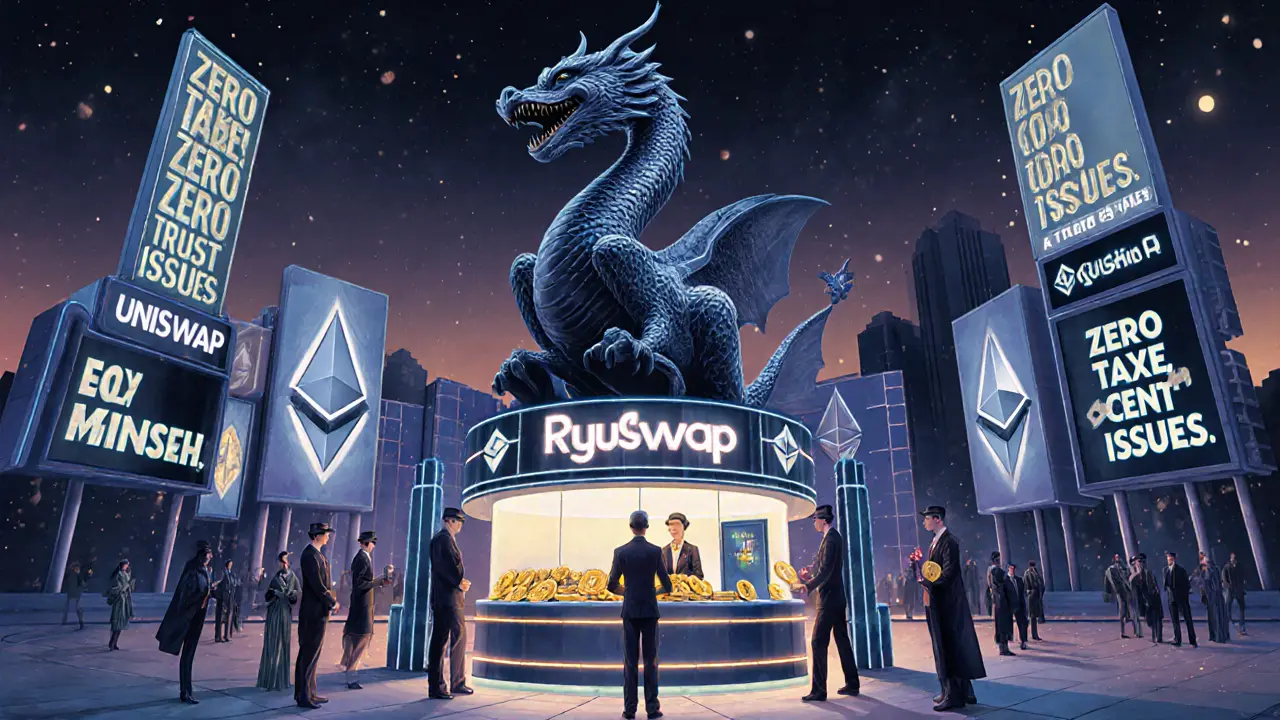Art Deco cityscape with citizens trading RyuJin tokens at a neon Uniswap kiosk under a dragon statue, built from crypto symbols and blocks.