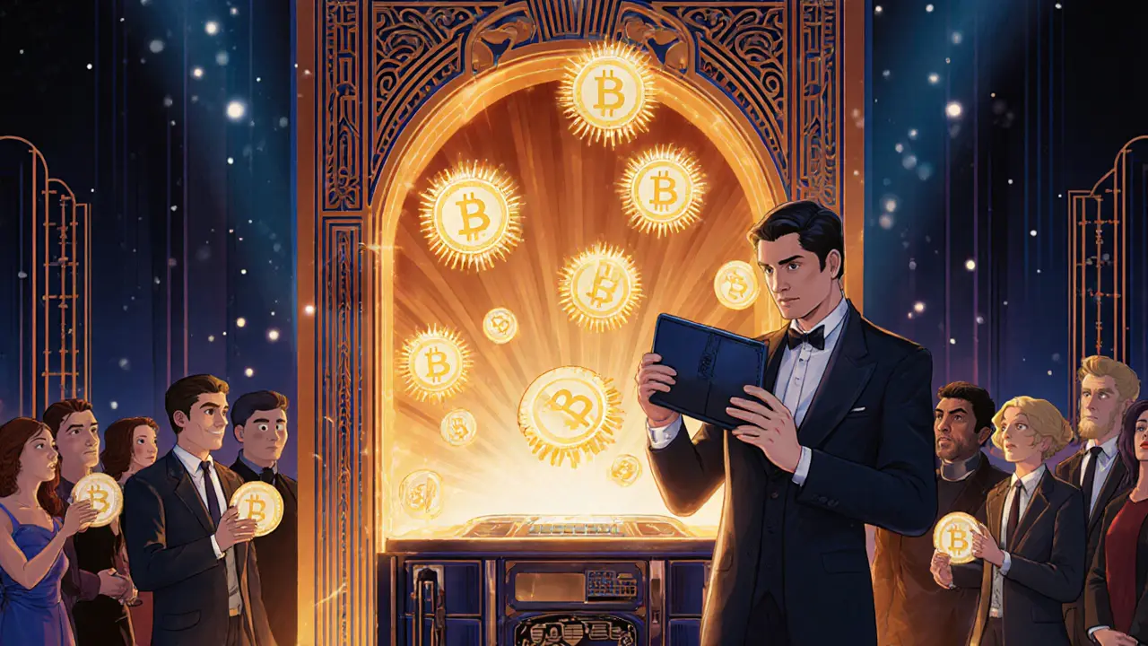 Art deco vault bursting with SHO tokens as a user connects a wallet