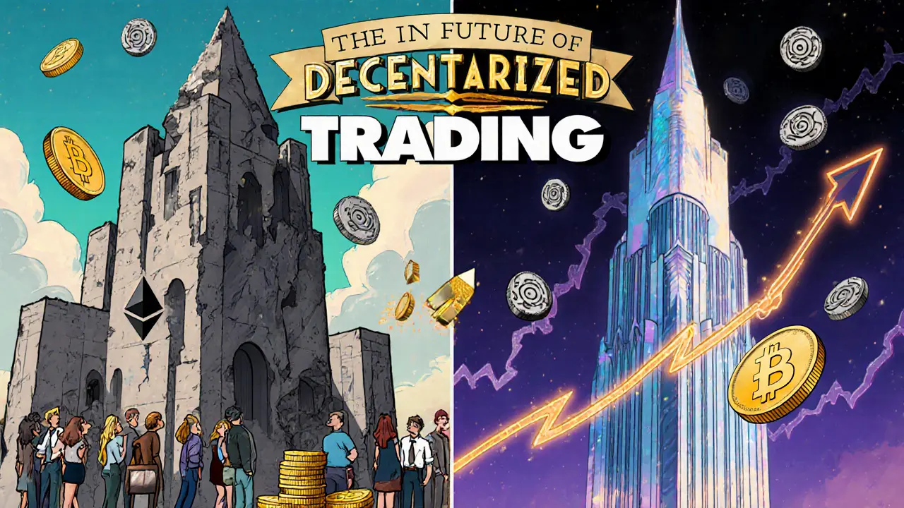 Contrast between slow Ethereum tower with high fees and fast Injective spire with tiny fees and lightning trades.