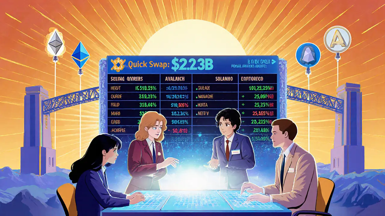 Diverse traders using a holographic Astroport dashboard with rising derivatives volume and multi-chain bridges.