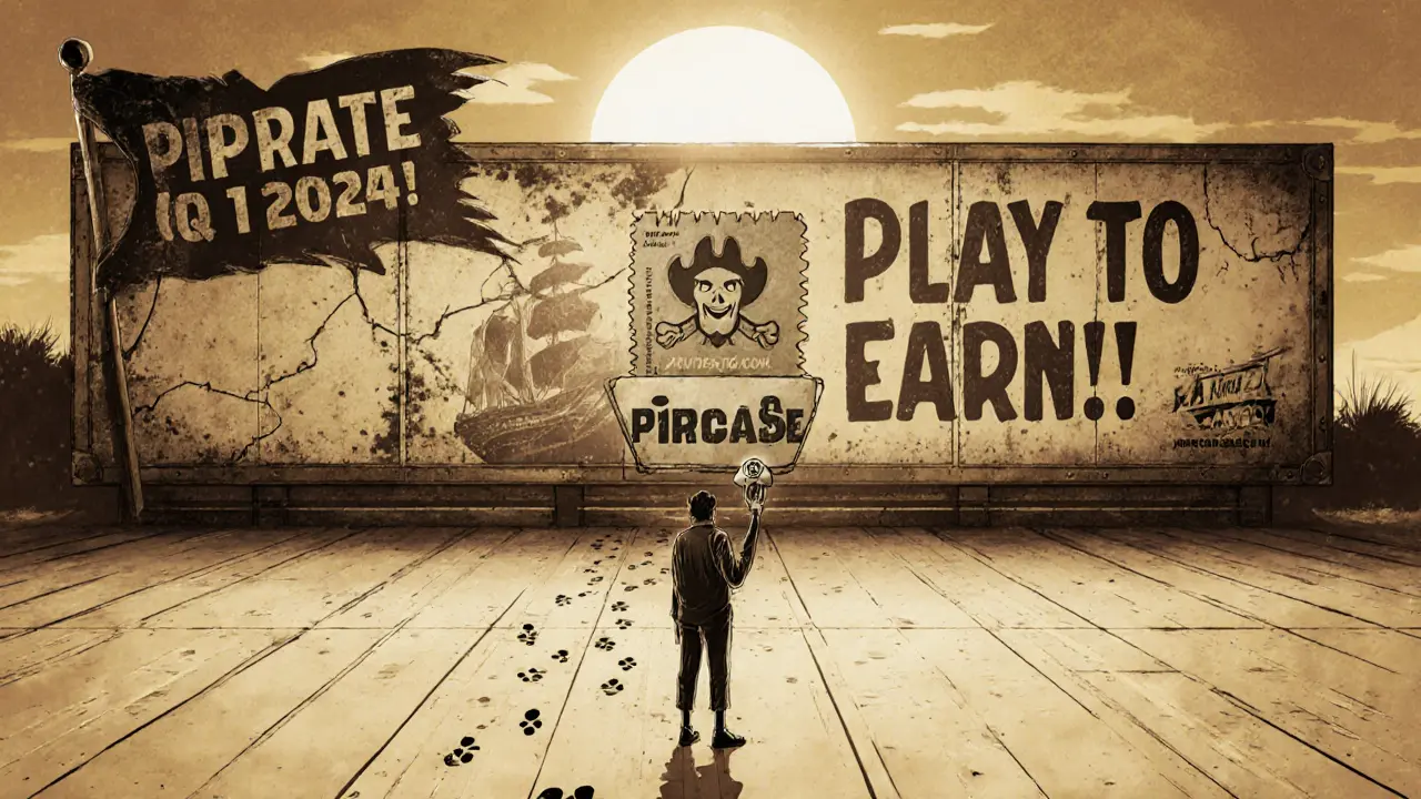 Lone figure holding a single token before an empty trading board, with a peeling &#039;Play to Earn&#039; billboard in the background.