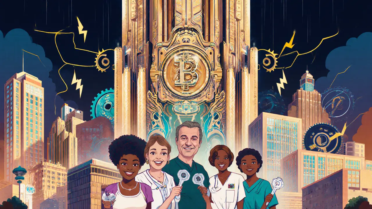 Ornate blockchain tower connecting healthcare facilities, patients holding access keys.