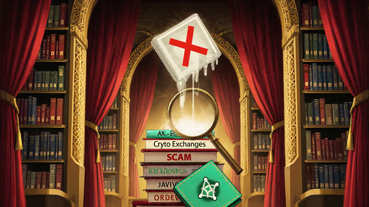 Ornate library with industrial catalogs, magnifying glass over &#039;Crypto Exchanges&#039; book with red X.