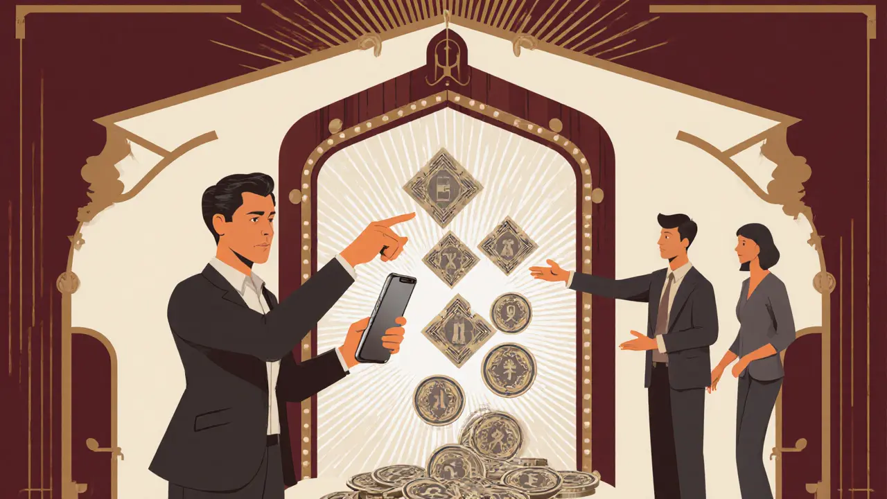 Patient using smartphone to unlock medical records with diamond-shaped digital tokens.