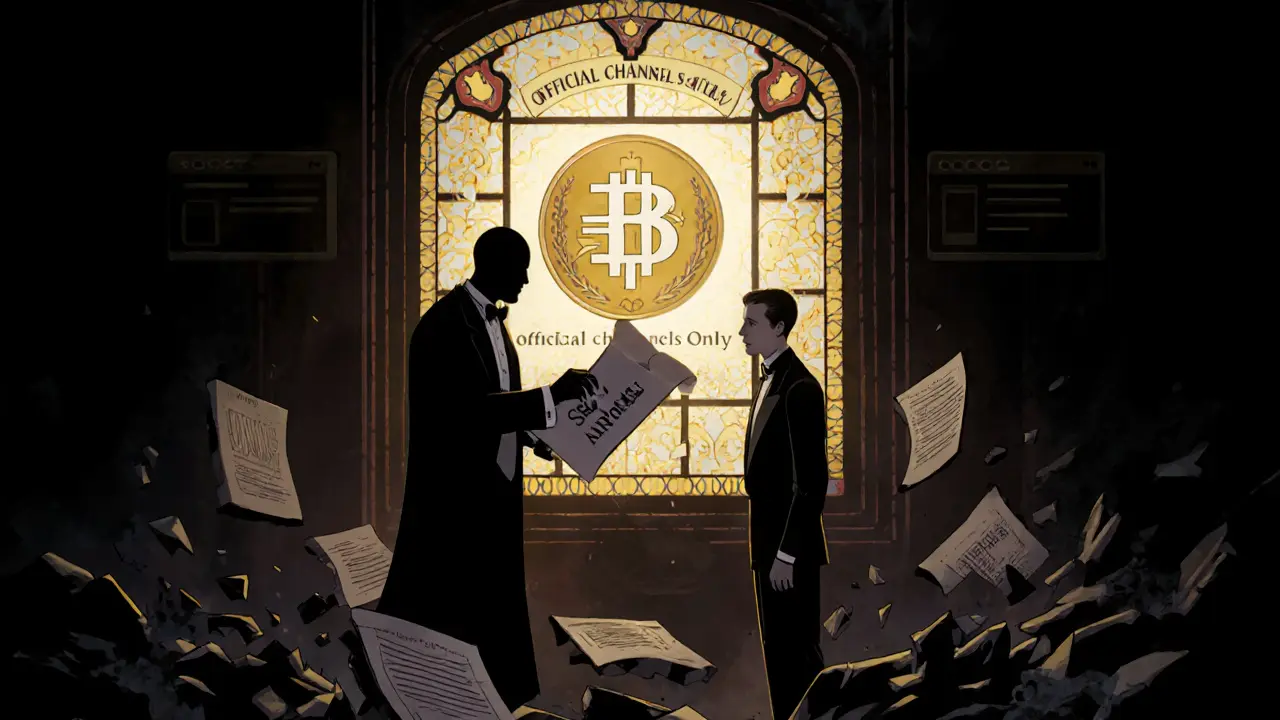 Shadowy scammer offering fake airdrop while official logo glows behind