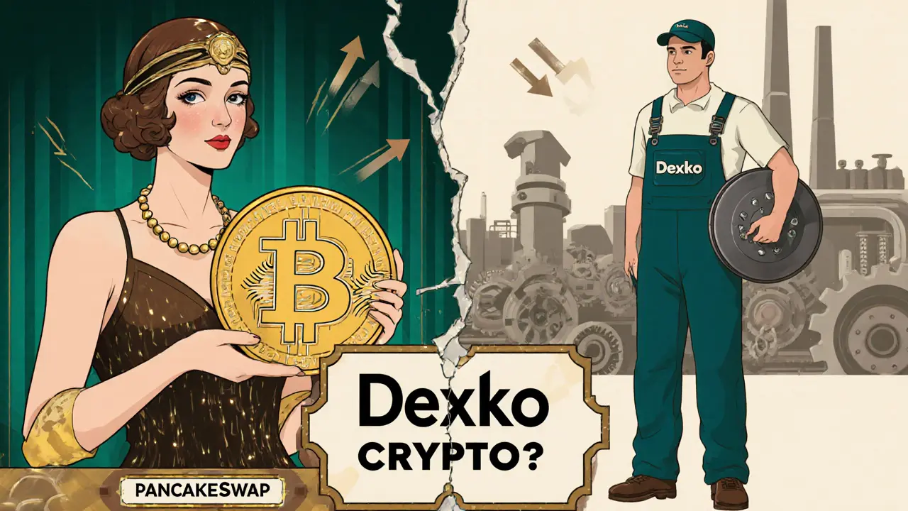 Split scene: woman with Bitcoin vs. mechanic with trailer brake, Dexko logo on factory side.