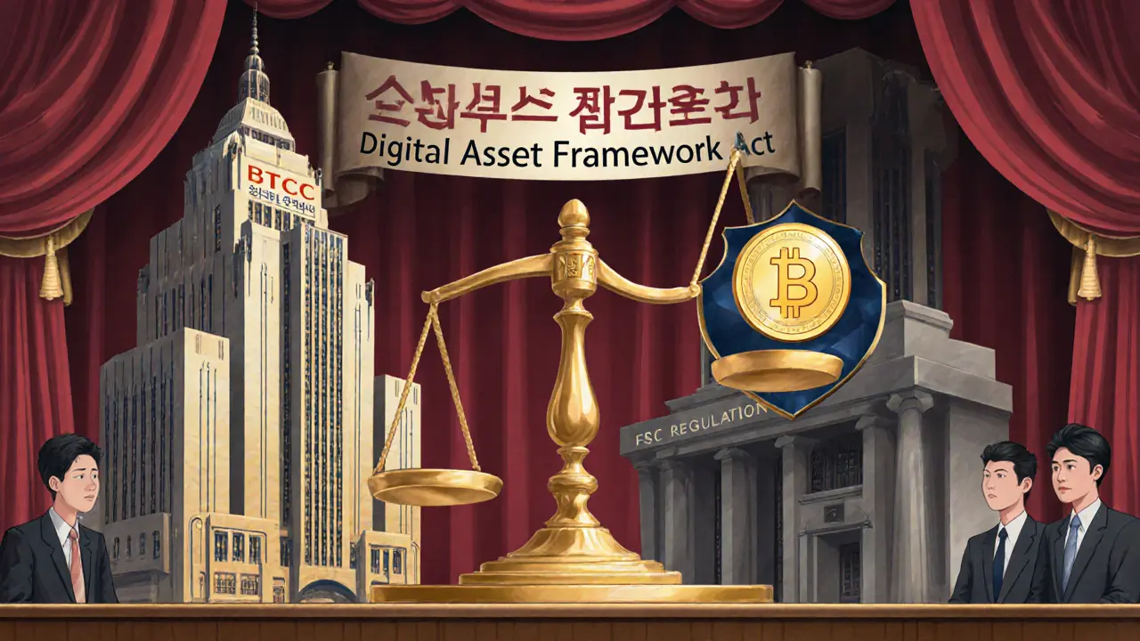 Symbolic scale balancing unlicensed BTCC building against regulated Korean exchange under 2026 law banner.