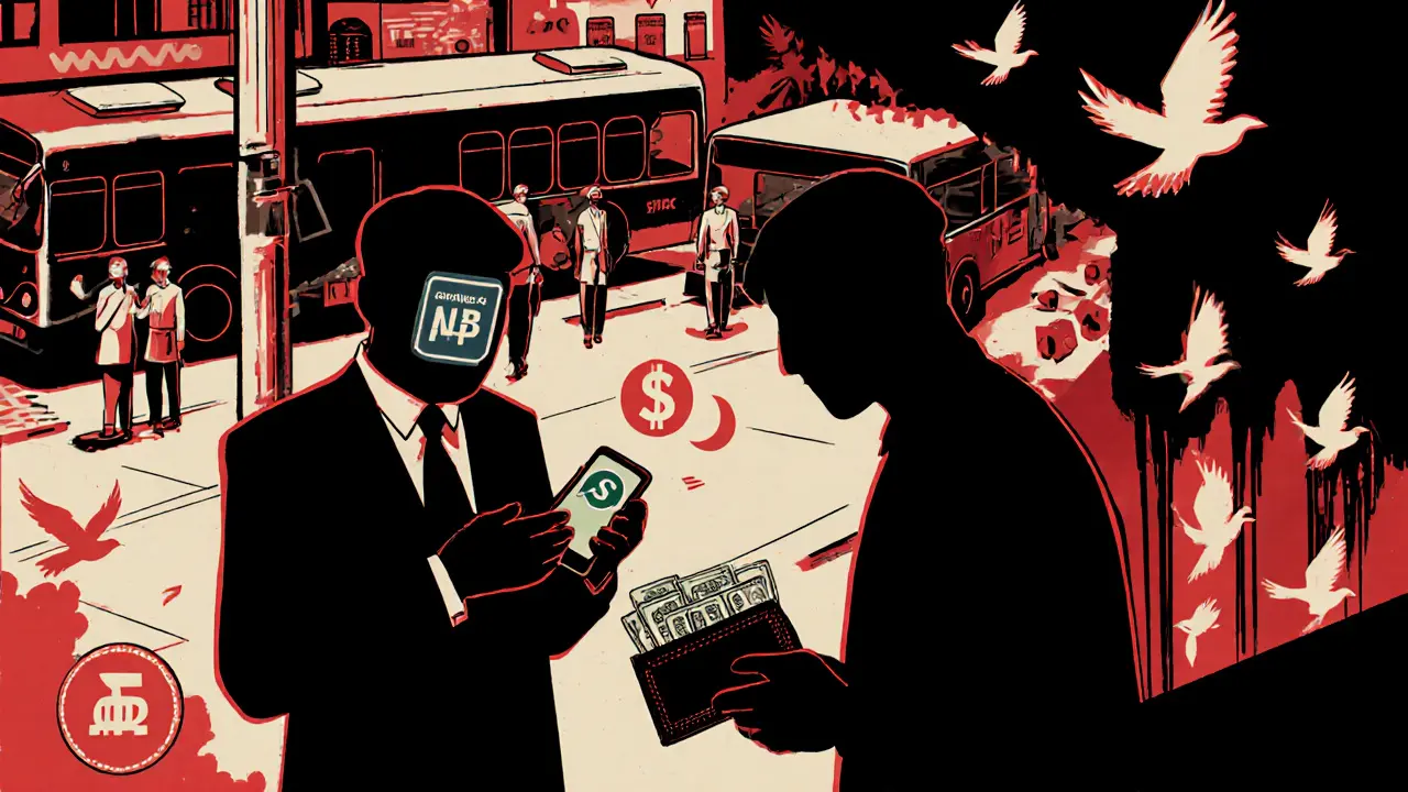 Two people trade crypto for cash in a Kathmandu bus station, discreetly and quickly.